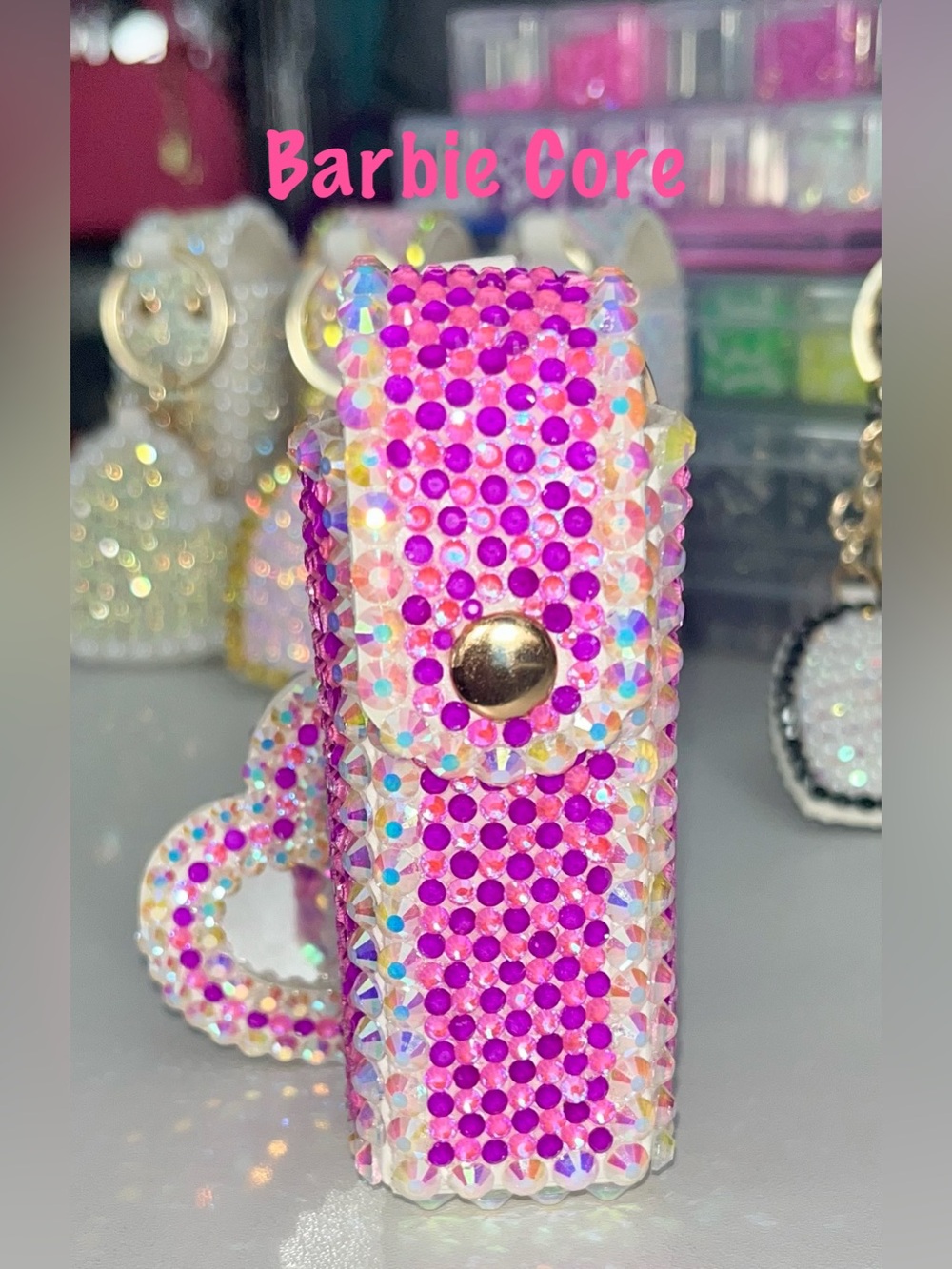 Hand Crafted Barbie Core Iridescent Crystal Lipstick Case and Mirror Keychain